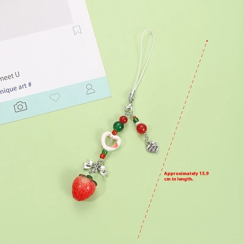 Fruit pattern plastic mobile phone keychain pendant with apple and strawberry designs