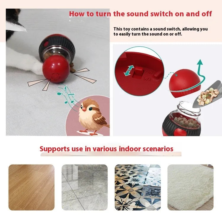Plastic rotating cat toy with food-dispensing ball and sound module in Super Ball colour.