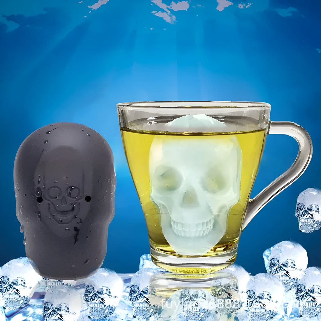 3D Halloween skull ice maker silicone tray producing a single large skull ice cube.