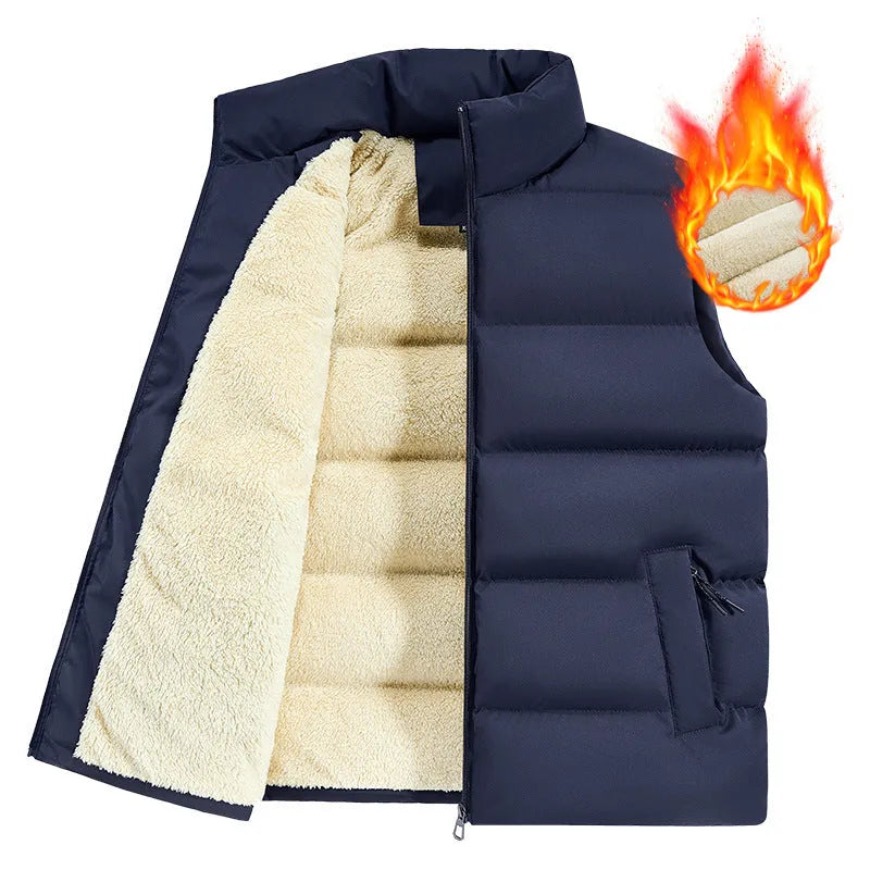 Men's striped lambswool vest in black, dark blue, or red, available in sizes from M to 5XL.