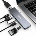 Type C adapter with SD and Micro SD card slots, HDMI, USB 3.0, and charging ports