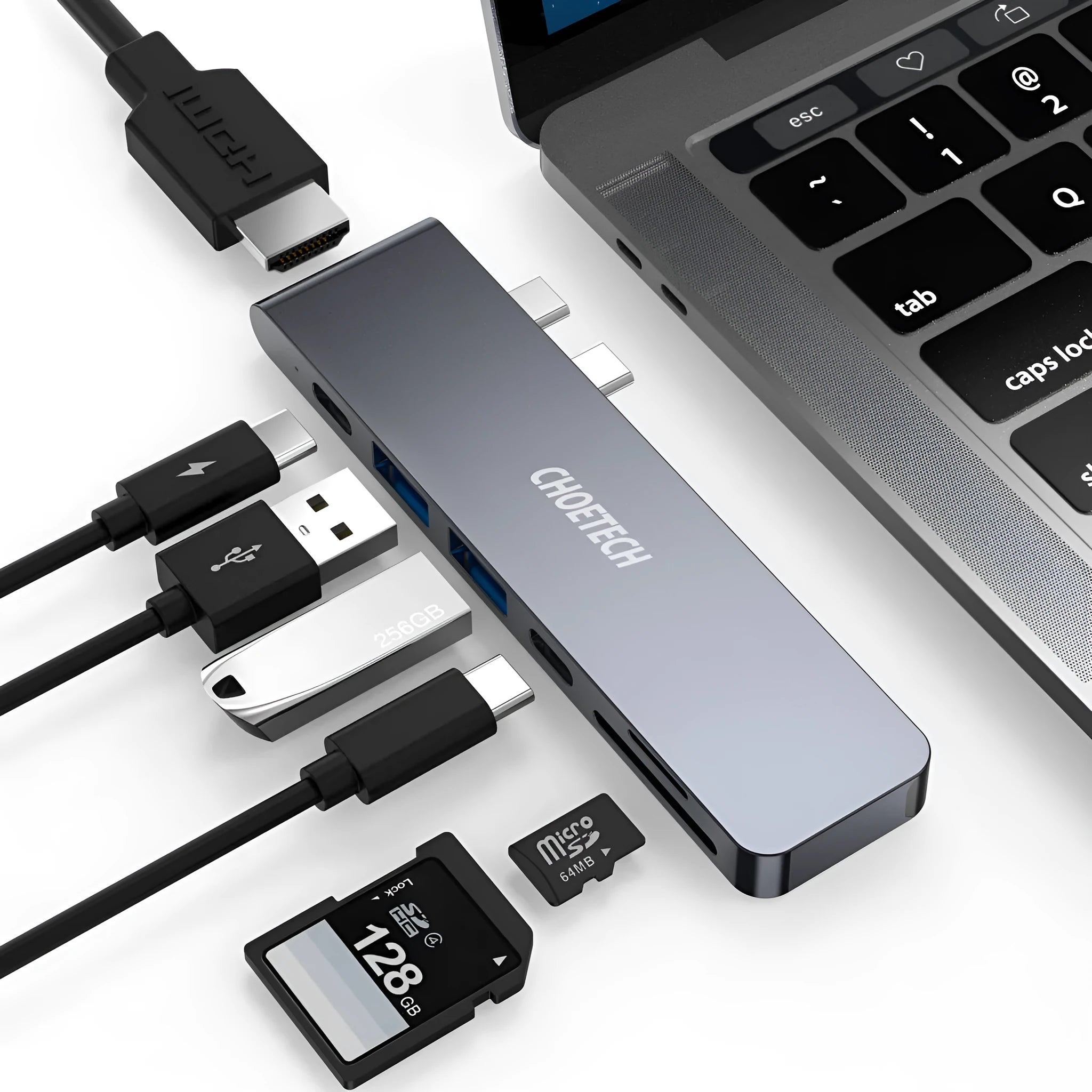 Type C adapter with SD and Micro SD card slots, HDMI, USB 3.0, and charging ports