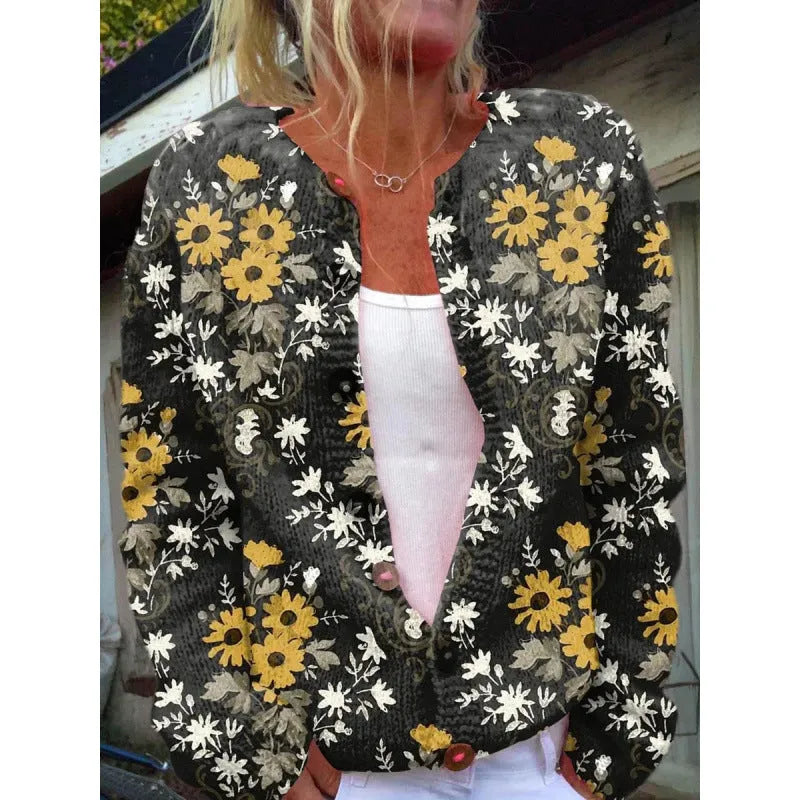 Yellow women's knitted cardigan coat with a 3D digital print pattern.