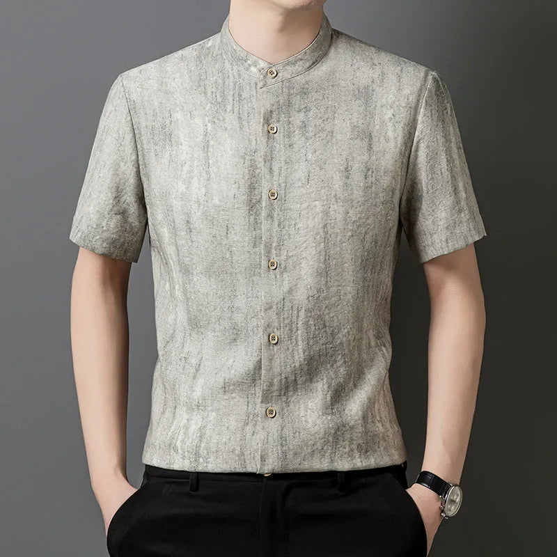 Men's loose fit linen shirt in solid colour with stand collar, shown in black grey.