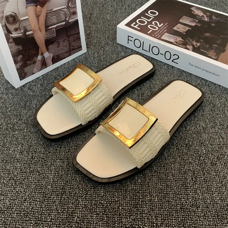 Women's flat summer slippers in apricot, black, or khaki with a lightweight PVC sole.