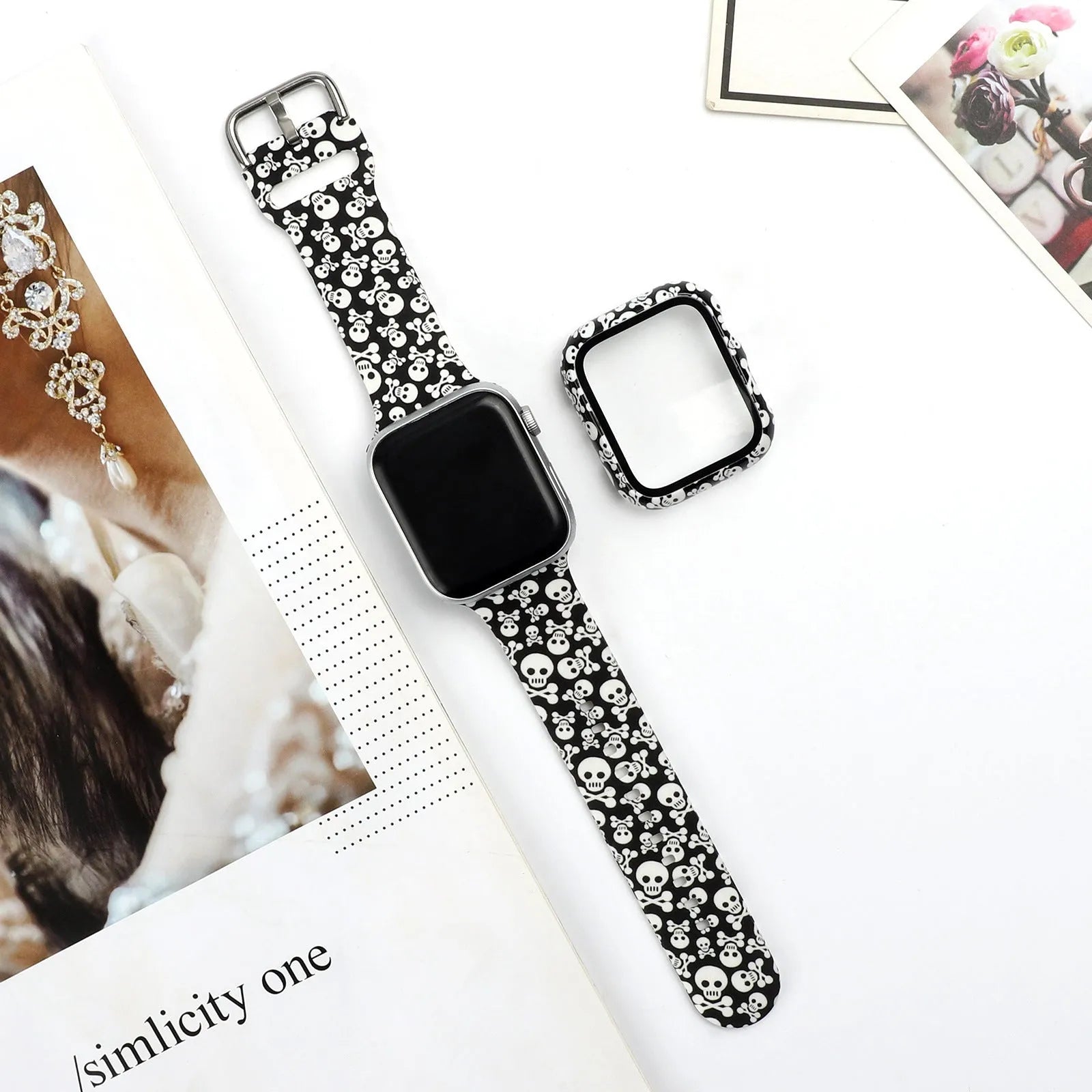 Printed silicone replacement strap for Apple Watch in various styles and sizes