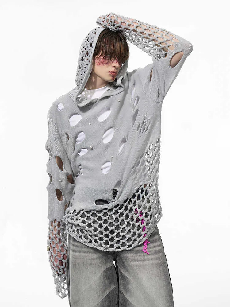 Men's black loose fit hoodie with pearl decoration on front