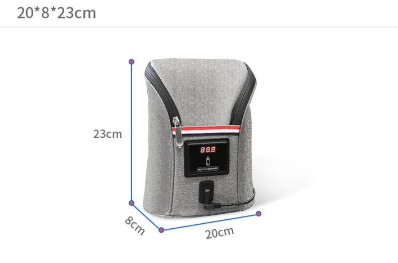 Grey portable car baby bottle warmer with dual slots and digital temperature display screen connected to 12V charger