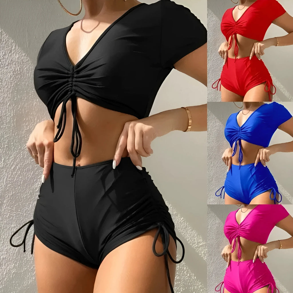 Women's lace-up bow swimsuit with shorts in polyester fibre, shown in available colours
