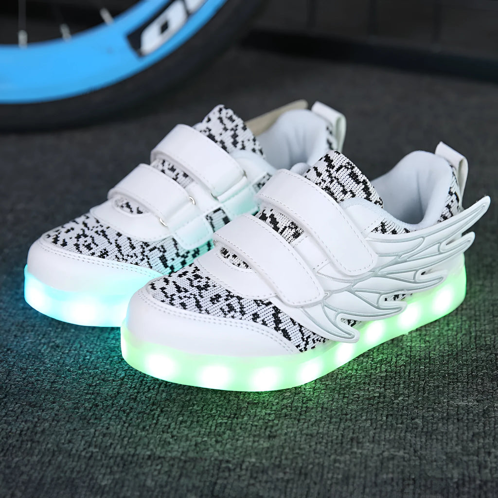 Children's plum red and white LED light-up shoes with USB charging port and hidden control switch