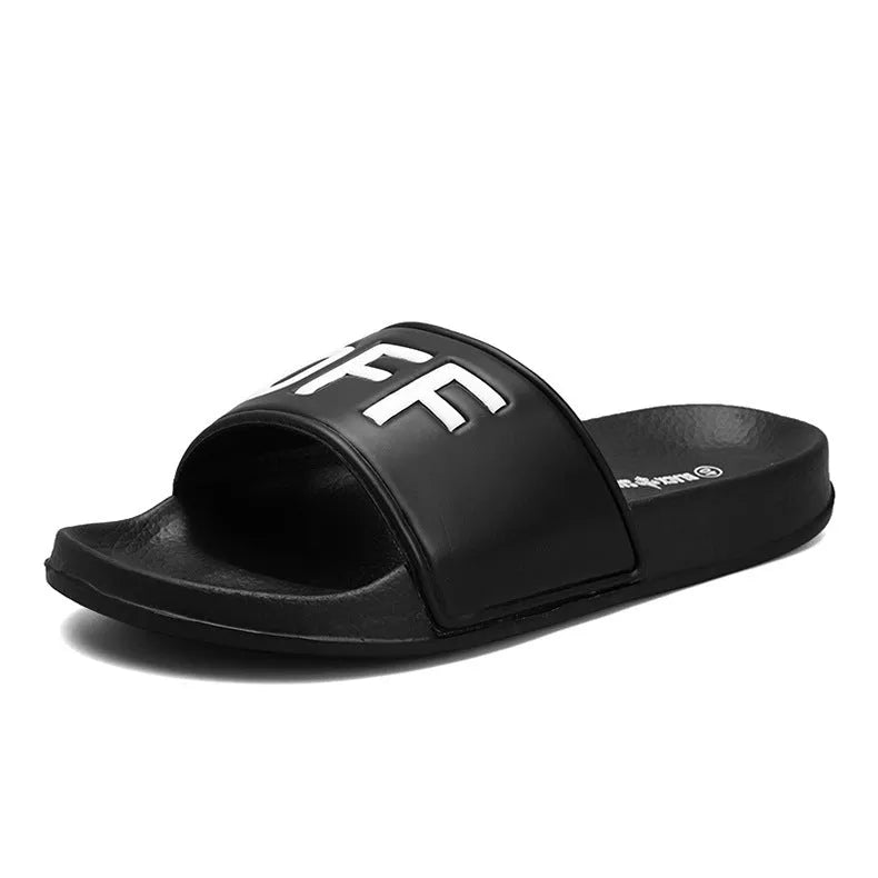 Men's black open-toe slippers with rubber sole showing size range from 36 to 46