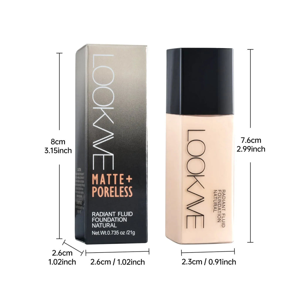 LOOKAVE Matte Liquid Foundation bottle in six shade options with waterproof and brightening properties