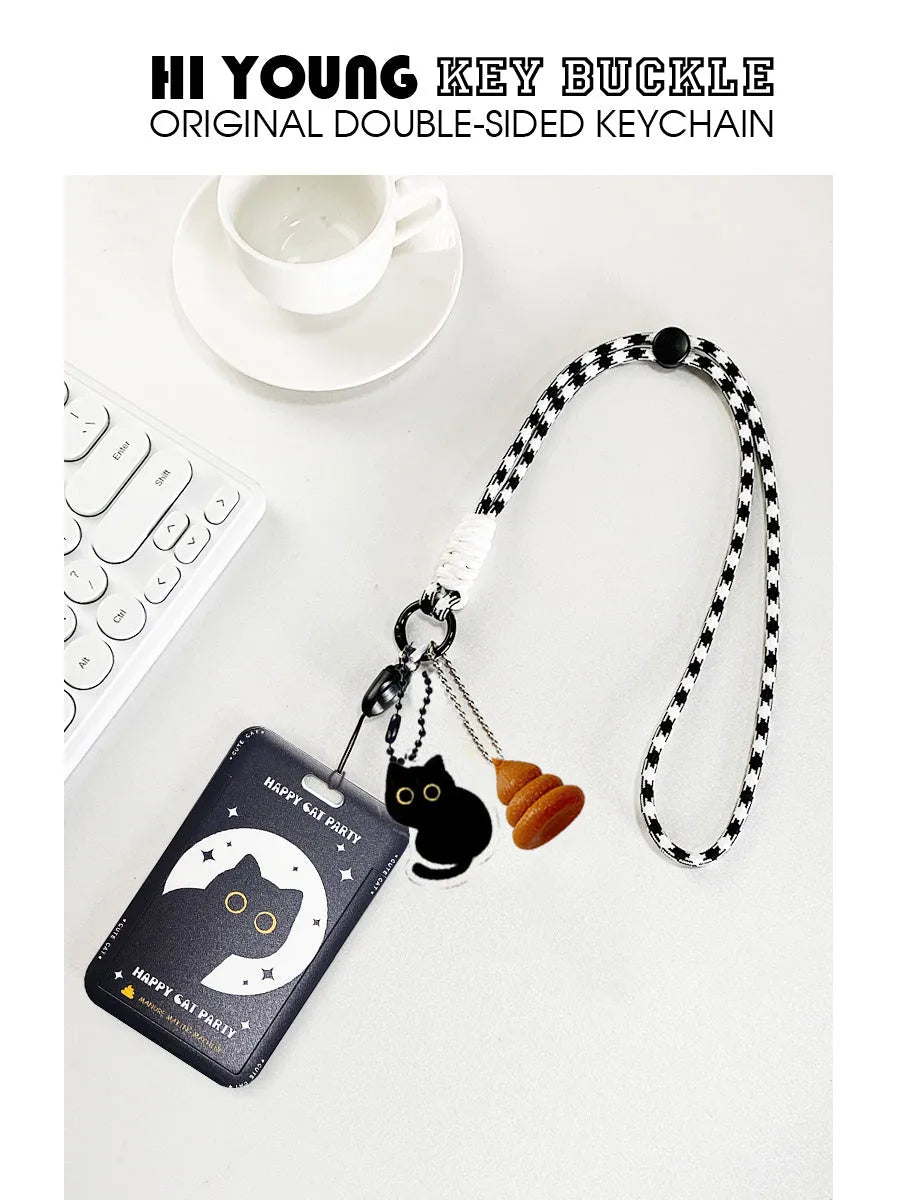 Plastic card sleeve holder with cute black cat cartoon design and ferrule pendant