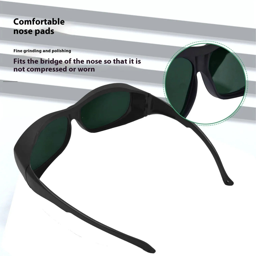 Pair of clear laser safety goggles for 200-2000nm protection with a cleaning cloth.