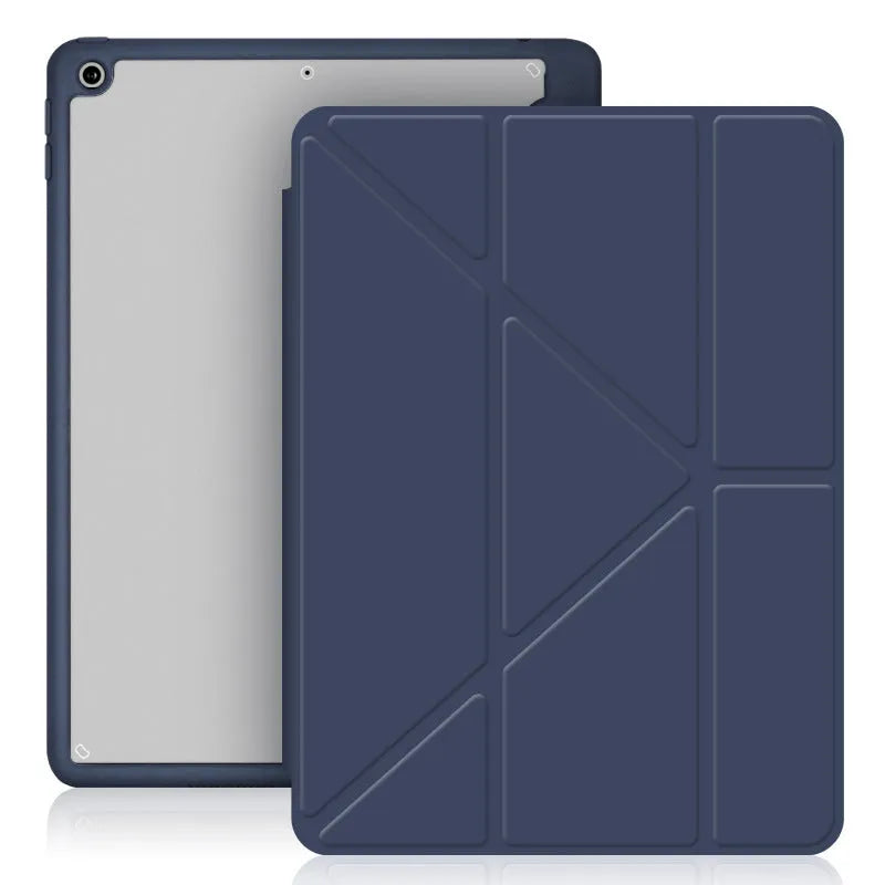 Apple iPad leather case with Y-folding acrylic cover, built-in pen slot, and bracket stand in dark grey colour