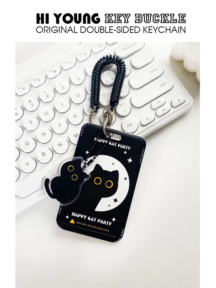 Plastic card sleeve holder with cute black cat cartoon design and ferrule pendant