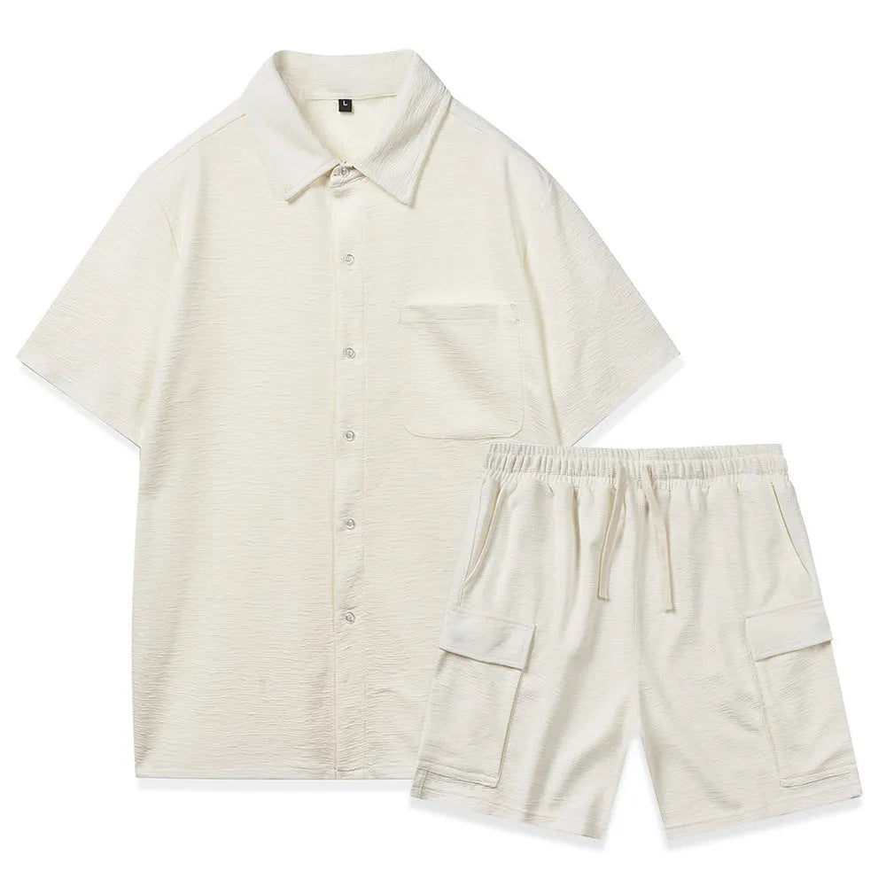 Women's beige polyester short sleeve top and elastic waist shorts two-piece casual set
