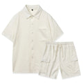 Women's beige polyester short sleeve top and elastic waist shorts two-piece casual set