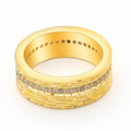 Gold geometric zircon ring on display showing angular design and available UK sizes 6-8