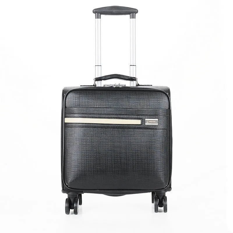 Black PU leather business case with wheels and combination lock showing 18-inch size.