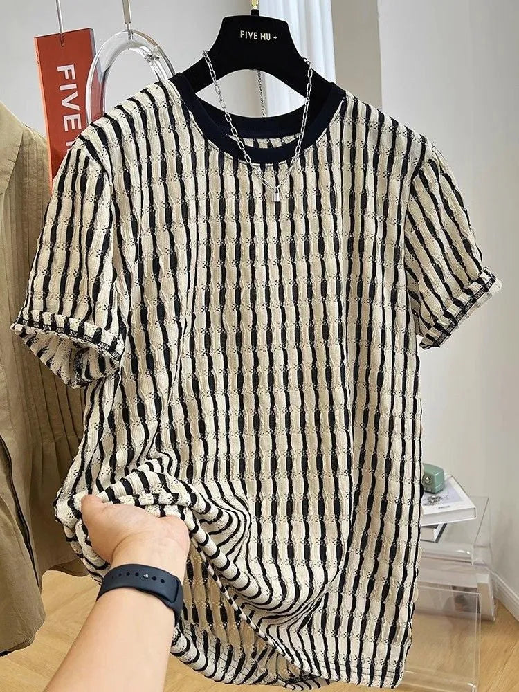 Black striped men's casual shirt with loose fit and short sleeves