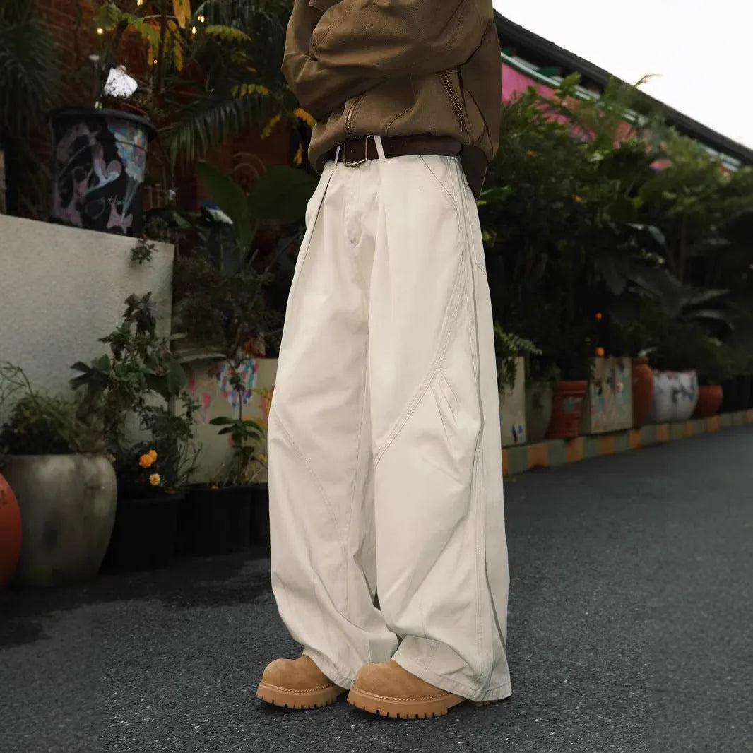 Men's pleated straight trousers in cotton blend fabric with stripe pattern and elastic waistband
