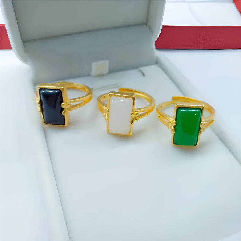 Adjustable brass ring with gold plating and gemstone inlay in national style design