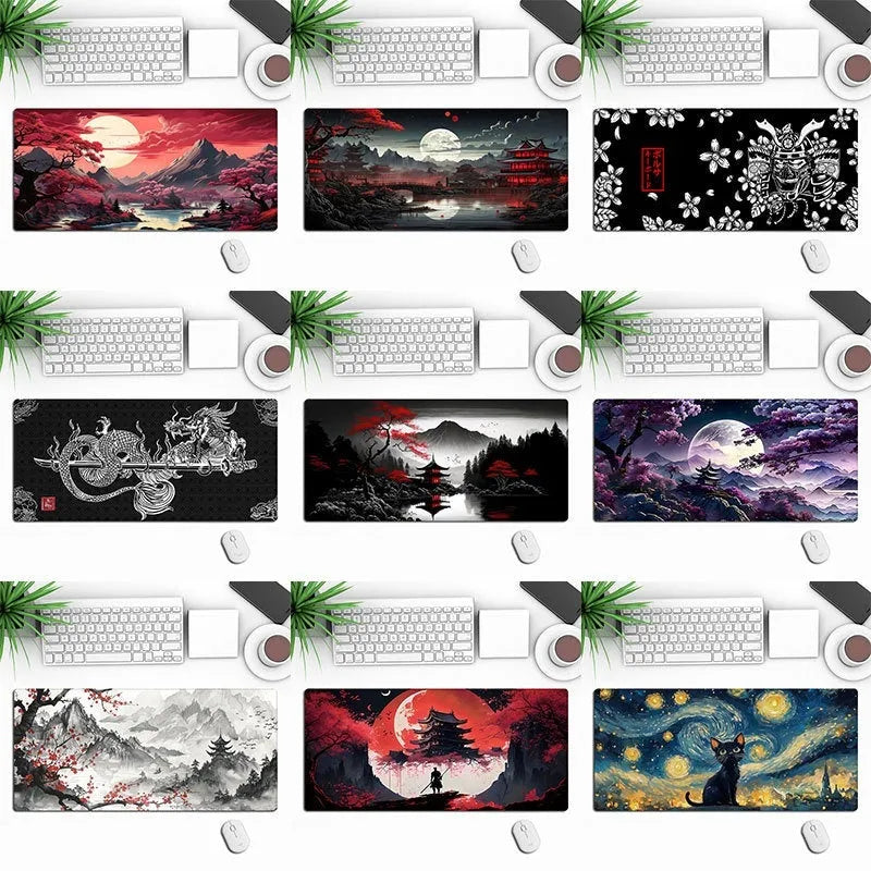 Large black gaming mouse pad with colourful anime character graphic on a desk with keyboard and mouse.