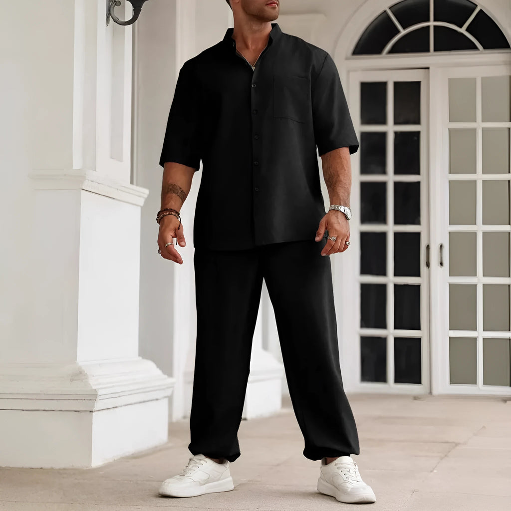 Men's cotton linen casual shirt and trousers set in three colour options with Asian sizing