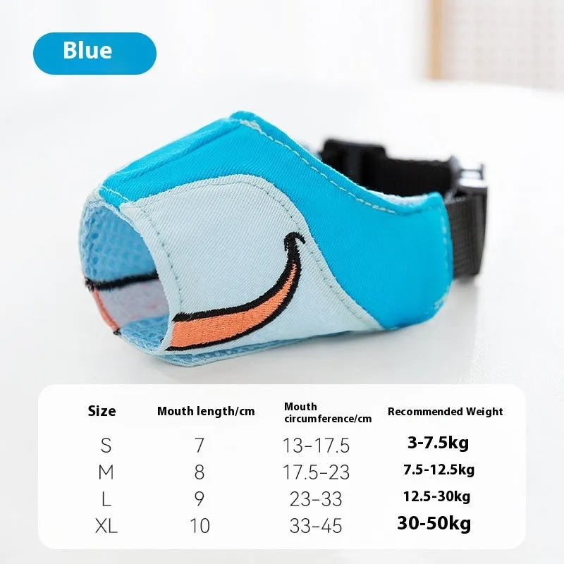 Canvas dog mouth cover muzzle in Ollie Brown Bear or Bondi Blue Shark colour with anti-bite design