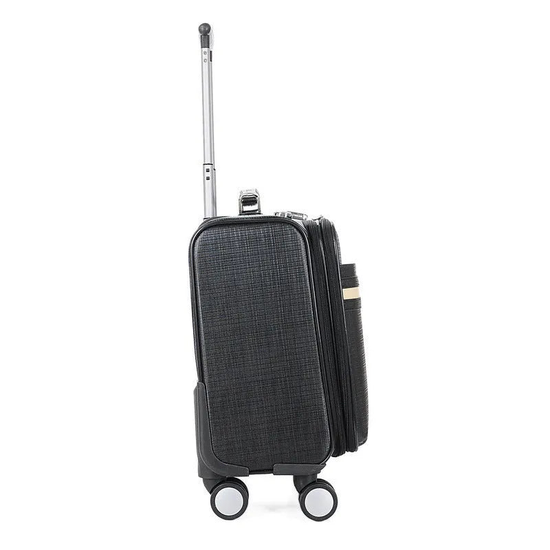 Black PU leather business case with wheels and combination lock showing 18-inch size.