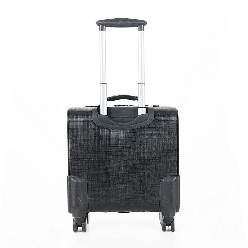 Black PU leather business case with wheels and combination lock showing 18-inch size.