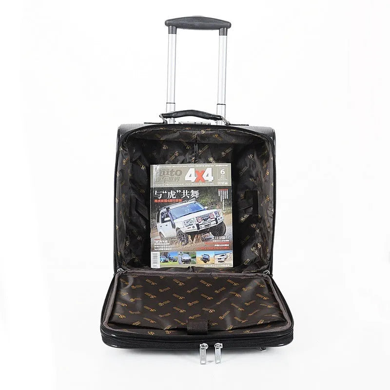 Black PU leather business case with wheels and combination lock showing 18-inch size.