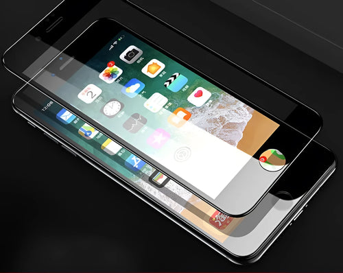 Black and white tempered glass screen protectors with soft edges for various iPhone models.