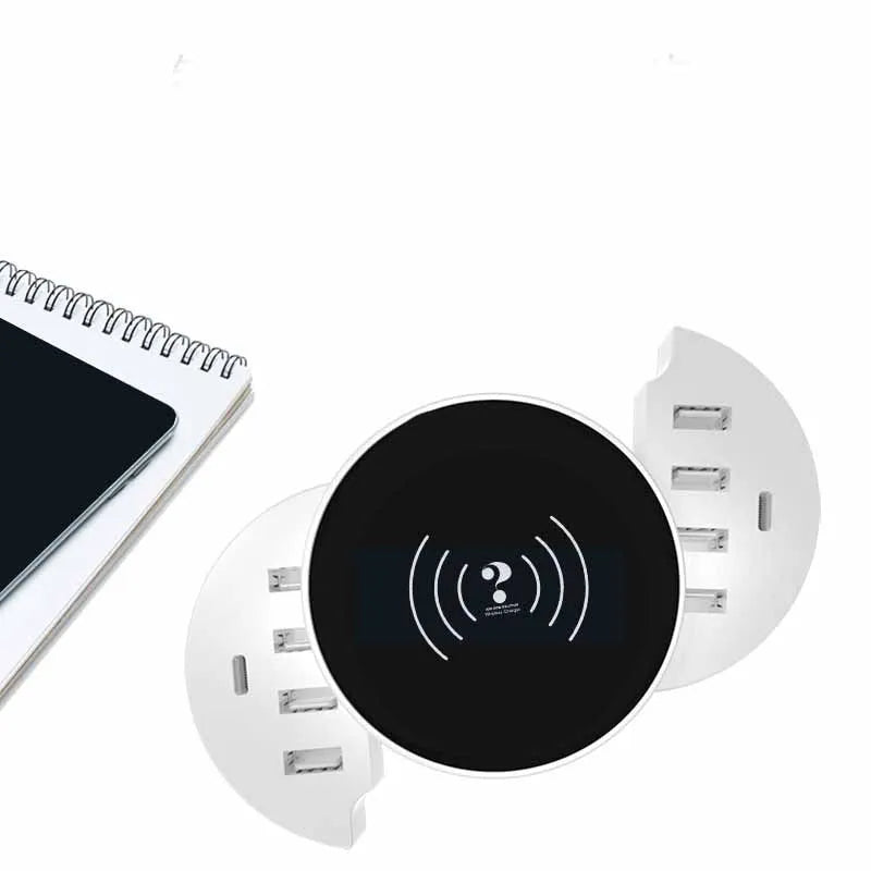 Ceramic white multi-port wireless circular charger with 8A output and international plug compatibility