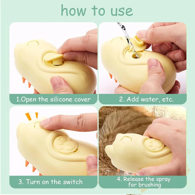 3-in-1 steam grooming brush for cats and dogs on a white background, showing ergonomic handle.