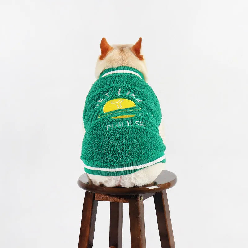 Green fleece-lined cotton dog winter clothing showing pullover design for cold weather protection