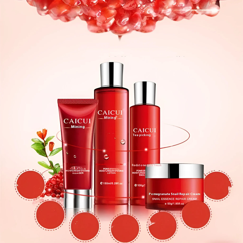 Red packaging for a four-piece pomegranate skincare set containing face wash, toner, lotion, and facial cream.