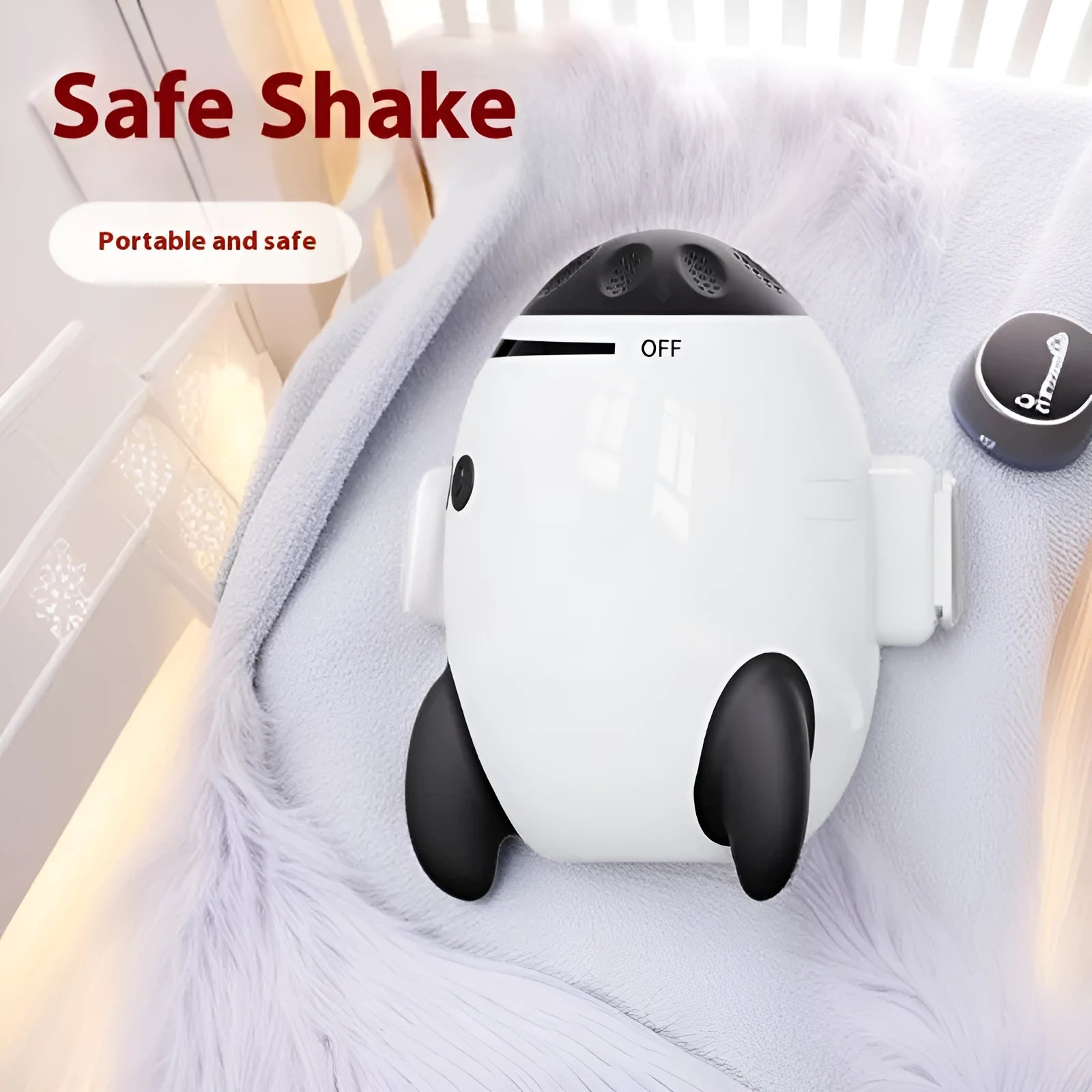 White portable baby sleep comforter with automatic shaking and Bluetooth connectivity, shown next to a stroller.