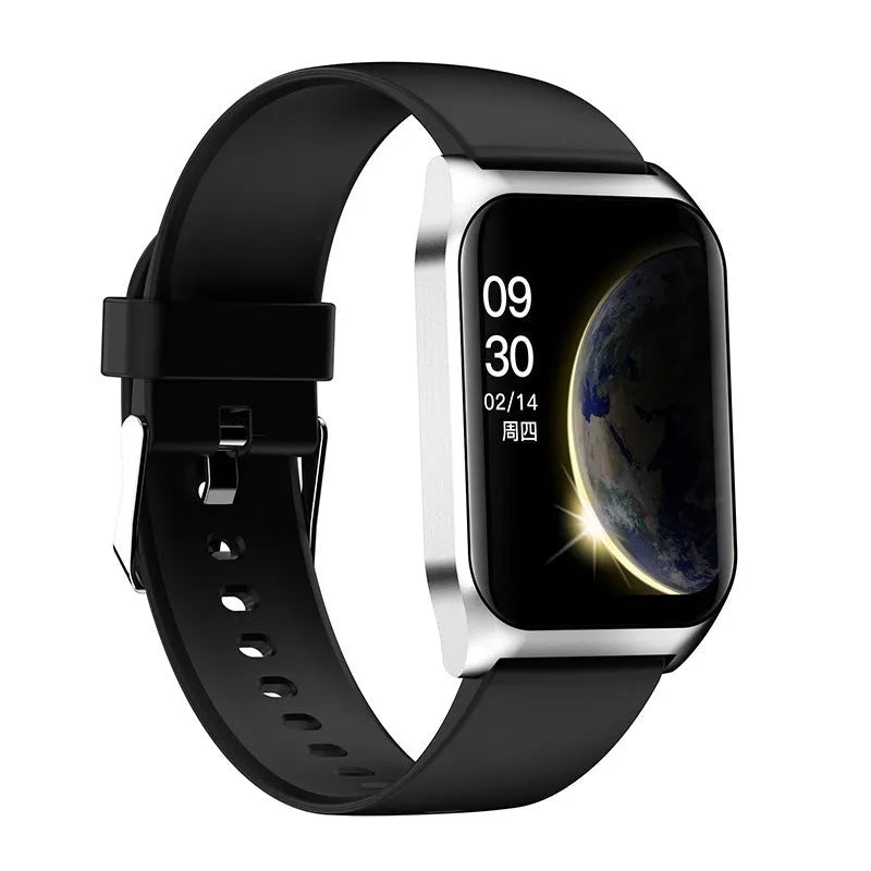 Black or silver smart watch with 1.69 inch screen showing heart rate display on silicone wristband