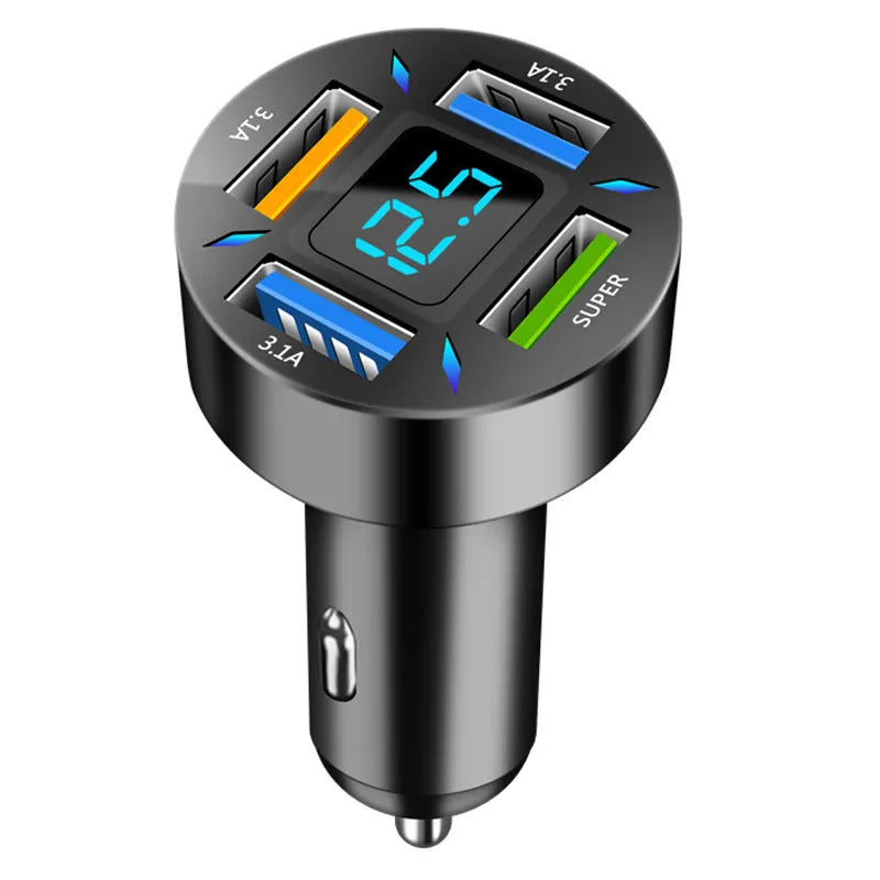 Black four-port USB car charger with LED digital display, compact design for vehicle use.
