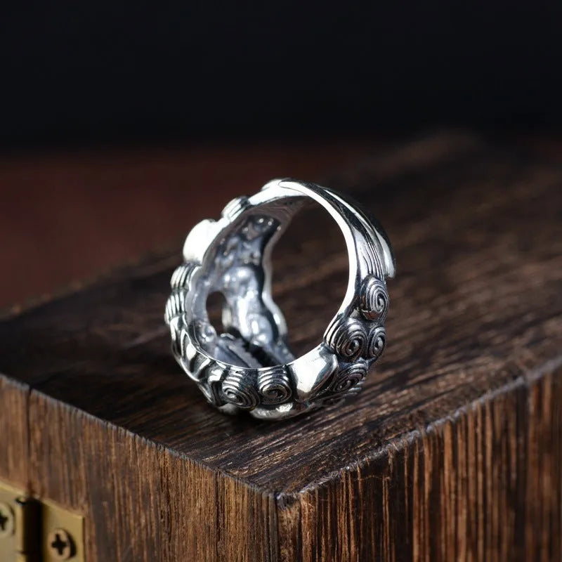 Silver open style ring with retro animal zodiac pattern and adjustable band for unisex wear