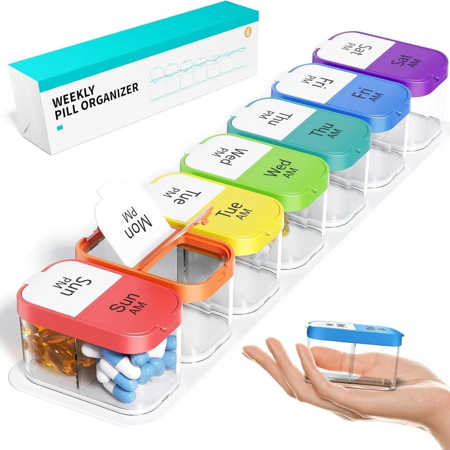 Amazon portable pill dispenser with 14 removable compartments in rainbow colour option
