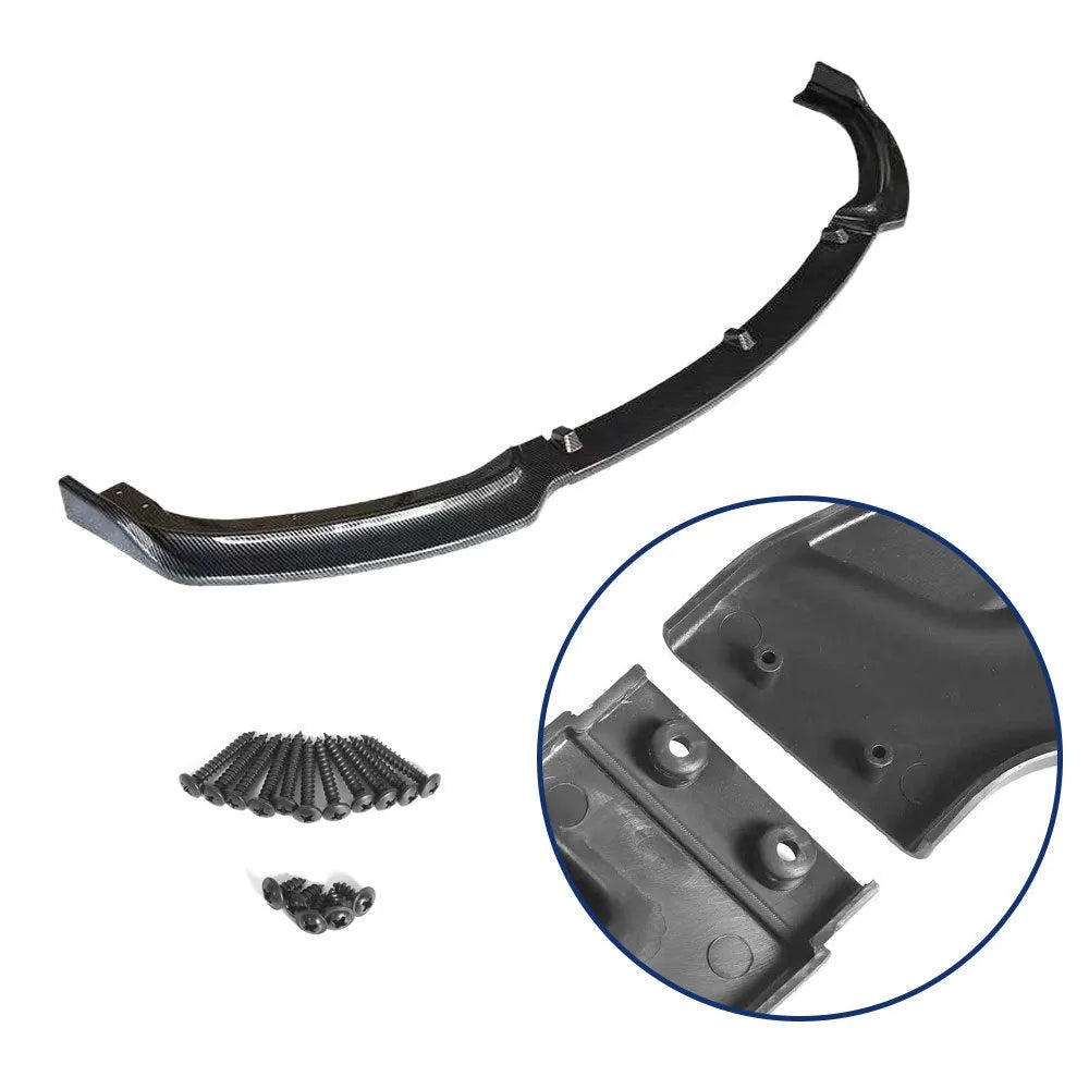 Gloss black front bumper lip spoiler for BMW 3 Series F30 F35 models, showing its curved shape and dimensions.