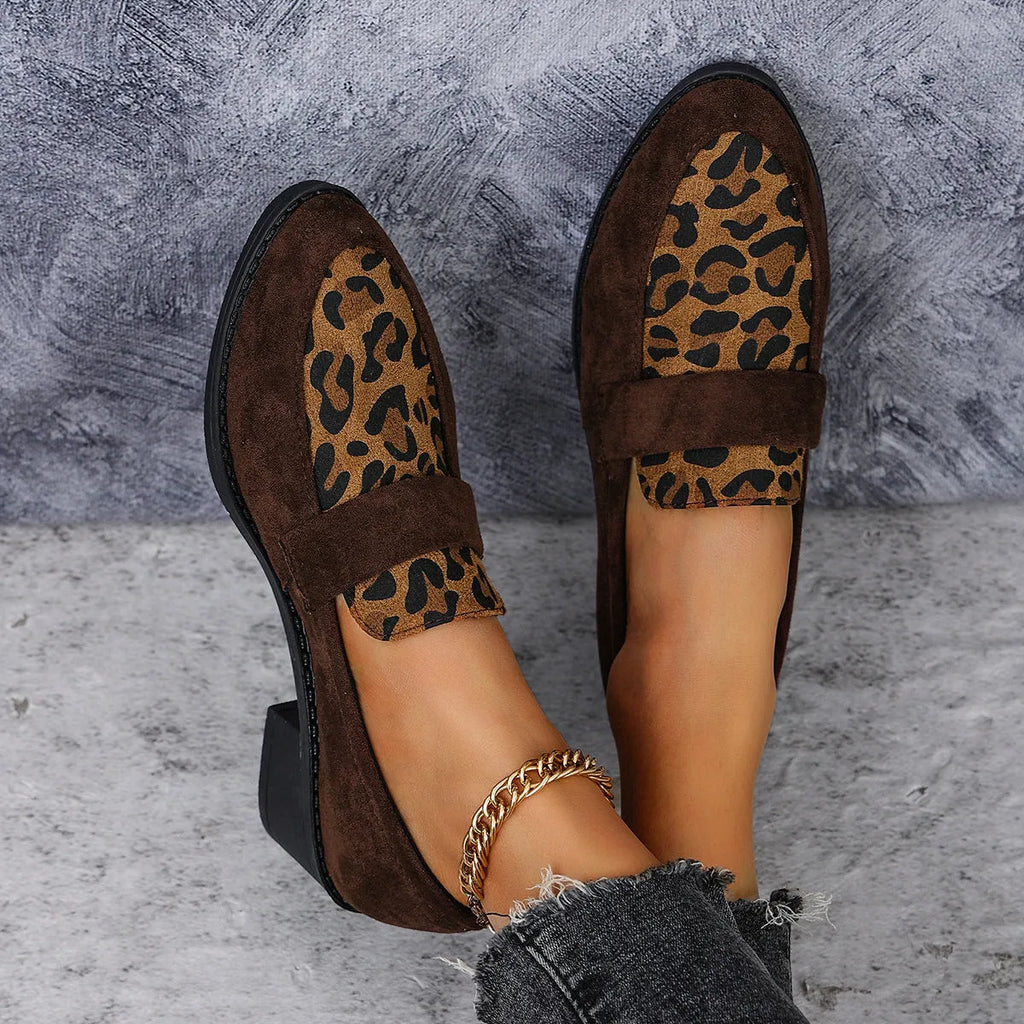 Leopard print suede casual pumps with chunky heel and pointed toe in brown, khaki, or pink colours