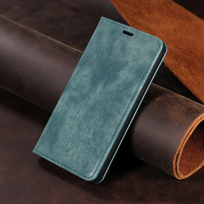 Magnetic flip iPhone case in black with TPU leather construction and magnetic closure flap