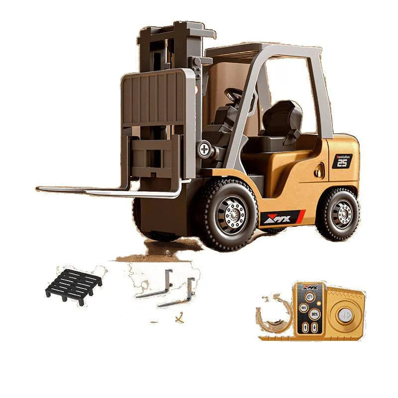 1:64 scale silver alloy remote control forklift toy with cargo hook on a pallet.