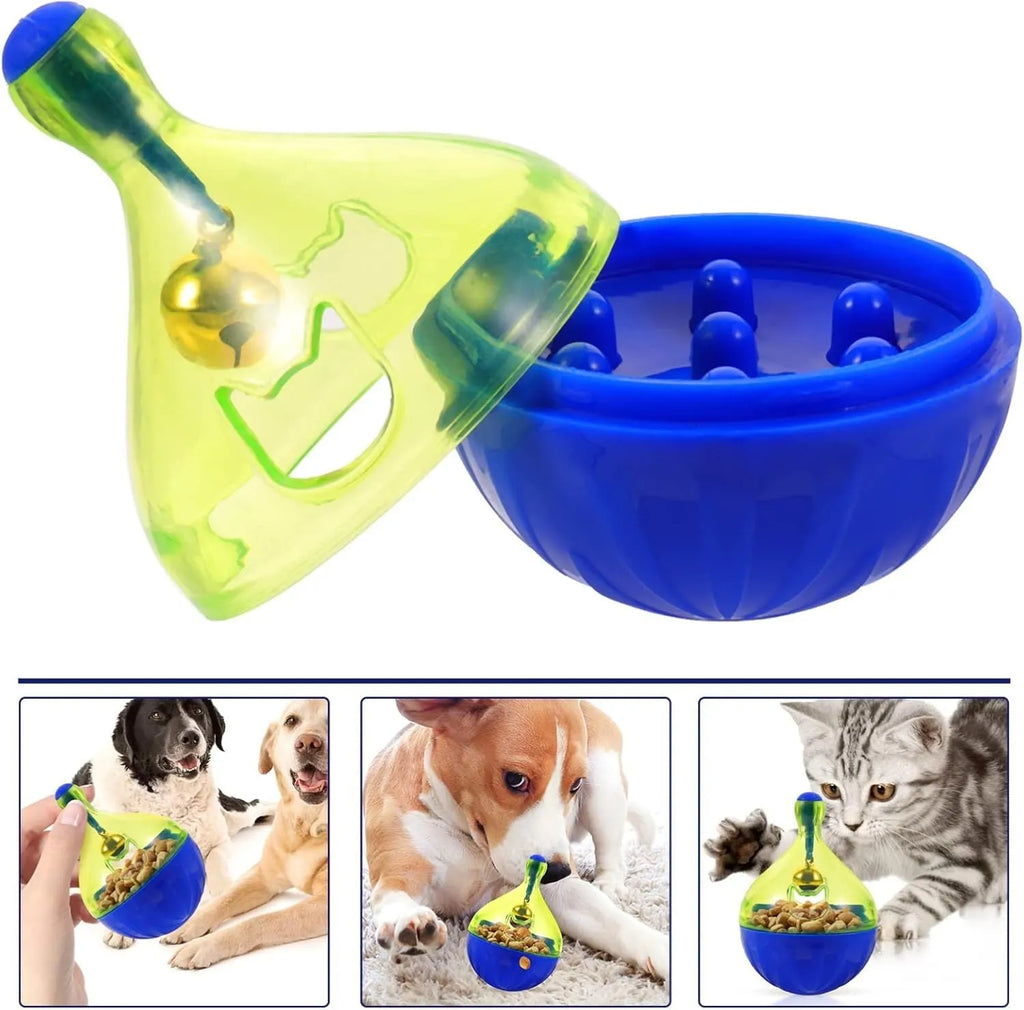 Blue tumbler-shaped pet treat dispenser ball for dogs and cats