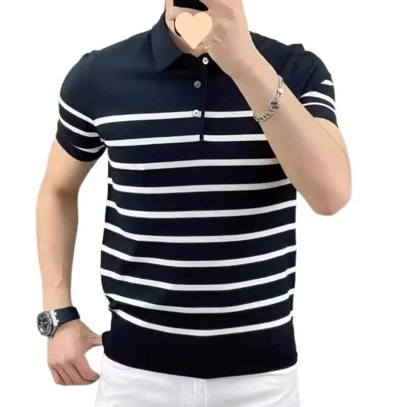 Black and white striped men's knitted t-shirt with a pointed lapel collar.