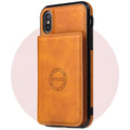 Imitation leather card wallet phone case for iPhone 11 in black, blue, brown, orange, pink, and red colour options.
